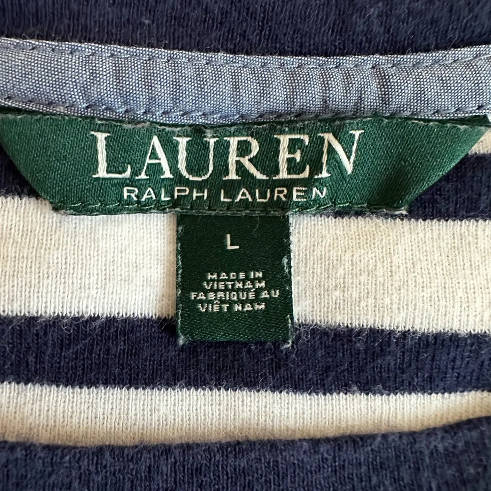 Ralph Lauren Shirt Blue White Stripe Button Shoulder Women’s Large Nautical - Picture 2 of 11